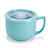 Hoilse ceramic soup bowl with handle and blue lid for easy serving and storage.