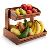 HOLANA Acacia two-tier fruit basket top view highlights warm wood grain for organized counter storage.