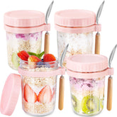 HomArtist pink 16oz glass overnight oats container with lid, ideal for portion-controlled breakfasts.