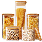 HomArtist square glass jar 79oz with bamboo lid for pasta storage.