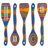 Home Beets Pakka wood spoons in blue rainbow finish, gentle on nonstick pans for sautéing.
