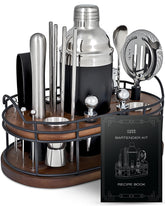 Home Hero Bartender Kit on wooden stand for stylish home entertaining.