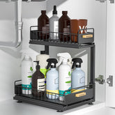 HOMEBOSILY under-sink organizer 2-tier keeps pipes clear and items organized.
