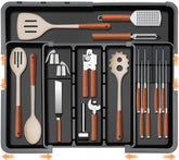 Homecor large utensil drawer organizer with left panel extended, maximizing drawer space.