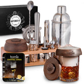 Homia bartender kit bamboo stand for organized home bar setup.