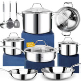 HOMICHEF 14-piece nickel-free whole-clad 3-ply set ready for versatile cooking and presentation