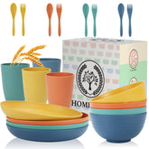Homienly wheat straw plates and bowls set in multicolor for durable family dining.