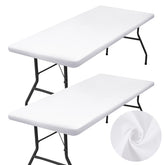 Homing elastic-edge rectangle tablecloth securely fits a 6 ft table for outdoor dining.