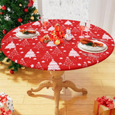 Homing round fabric fitted tablecloth with elastic edge for secure outdoor dining.