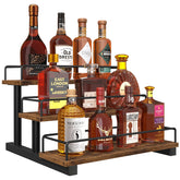 Homode liquor bottle display shelf on rustic countertop showing organized bottles