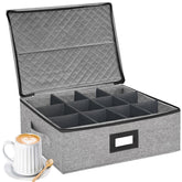 Homyfort coffee mug storage box with dividers showing organized 12 mug slots