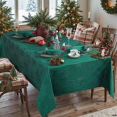 Honellaty poinsettia tablecloth closeup highlighting damask texture for festive dining.