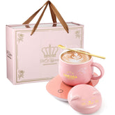 Honeydak cat mug warmer pink mug set keeps coffee warm at the desk.