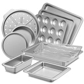 HONGBAKE bakeware set assembled on counter, versatile 10-piece collection for roasting, baking, and cooling.