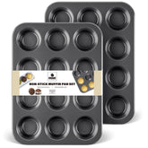 Hongbake muffin pan 12-cup front view shows sturdy carbon steel for even heating