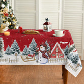 Horaldaily Christmas tablecloth on table with snowy motif and trees