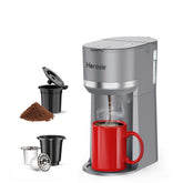 Horavie mini single-serve coffee maker supports K-Cup and ground coffee.