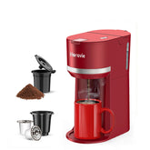 Horavie red mini single-serve coffee maker on counter for quick morning brew