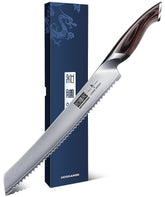 HOSHANHO 10-inch bread knife angled view showing balanced handling for clean cuts