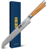 HOSHANHO 8-inch bread knife with Damascus blade slicing crusty bread clearly.
