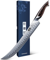 HOSHANHO 12-inch carving knife blade close-up showing sharp Japanese steel for clean meat cuts.