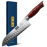 HOSHANHO Damascus Santoku blade close-up showing feather pattern and sharp edge