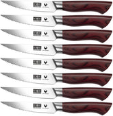 HOSHANHO 8-piece steak knife set on display for dinner service, precise slicing.