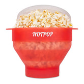 HOTPOP popcorn popper with transparent red lid for quick, even microwaving at home.