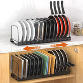 Housolution baking sheet organizer expands from 12 to 23 inches for cabinet storage.