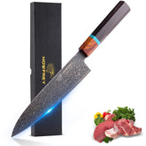 Howfrey Damascus Chef Knife 8in blade close-up shows razor edge for precise slicing