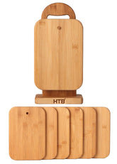 HTB bamboo cutting board set on a counter with holder for compact storage.
