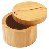 HTB bamboo salt cellar with swivel lid and magnetic closure for quick access.