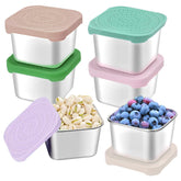 HTEVW 6Pack stainless steel snack containers with silicone lids, leak-proof for kids' lunches.