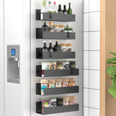 HuggieGems matte black spice rack 6-pack on fridge shelf provides quick access to spices.