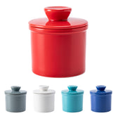 Husfunov butter crock with water line and red lid keeps butter fresh and ready to spread.
