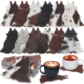 Hushee cowhide coaster, round brown-white pattern, protects surfaces with rustic charm.