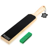 Hutsuls double-sided leather strop paddle showing edge honing for razor-sharp blades