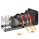 HuuDraLono pot and pan organizer under cabinet with adjustable dividers for customizable storage.