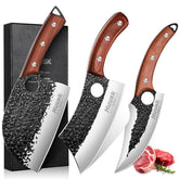 Huusk three-knife set displayed for versatile meat prep and kitchen tasks.