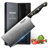 Huusk Damascus cleaver knife 7-inch blade for precise vegetable and meat prep.
