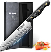 Huusk Damascus Santoku knife 7-inch front angle showing precision for slicing