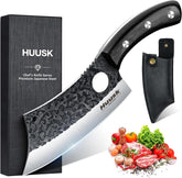 Huusk meat cleaver curve blade for smooth rocking cuts.