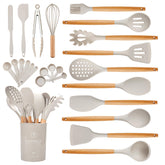 Hvygss 26-piece utensils with wooden handles for comfortable, versatile cooking.