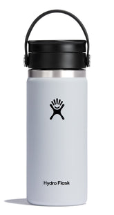 Hydro Flask 16oz White Flex Sip Lid shows a leakproof seal for hot coffee.