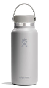 Hydro Flask 32 oz birch gray wide-mouth bottle with leakproof cap keeps drinks cold up to 24 hours.