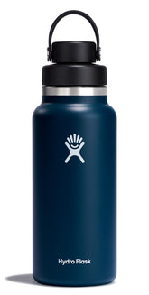 Hydro Flask 32 oz Indigo wide mouth bottle with leakproof cap for ice chilling.