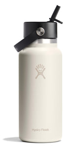 Hydro Flask 32 oz Ivory wide mouth bottle closeup with leakproof Flex Straw Cap for travel.
