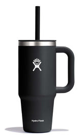 Hydro Flask Travel Tumbler 24oz in black with handle and straw for easy on-the-go hydration.
