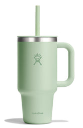 Hydro Flask Travel Tumbler 32oz Aloe Green with handle for on-the-go hydration.