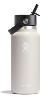 Hydro Flask 32 oz wide-mouth oat tan bottle keeps drinks cold up to 24 hours.